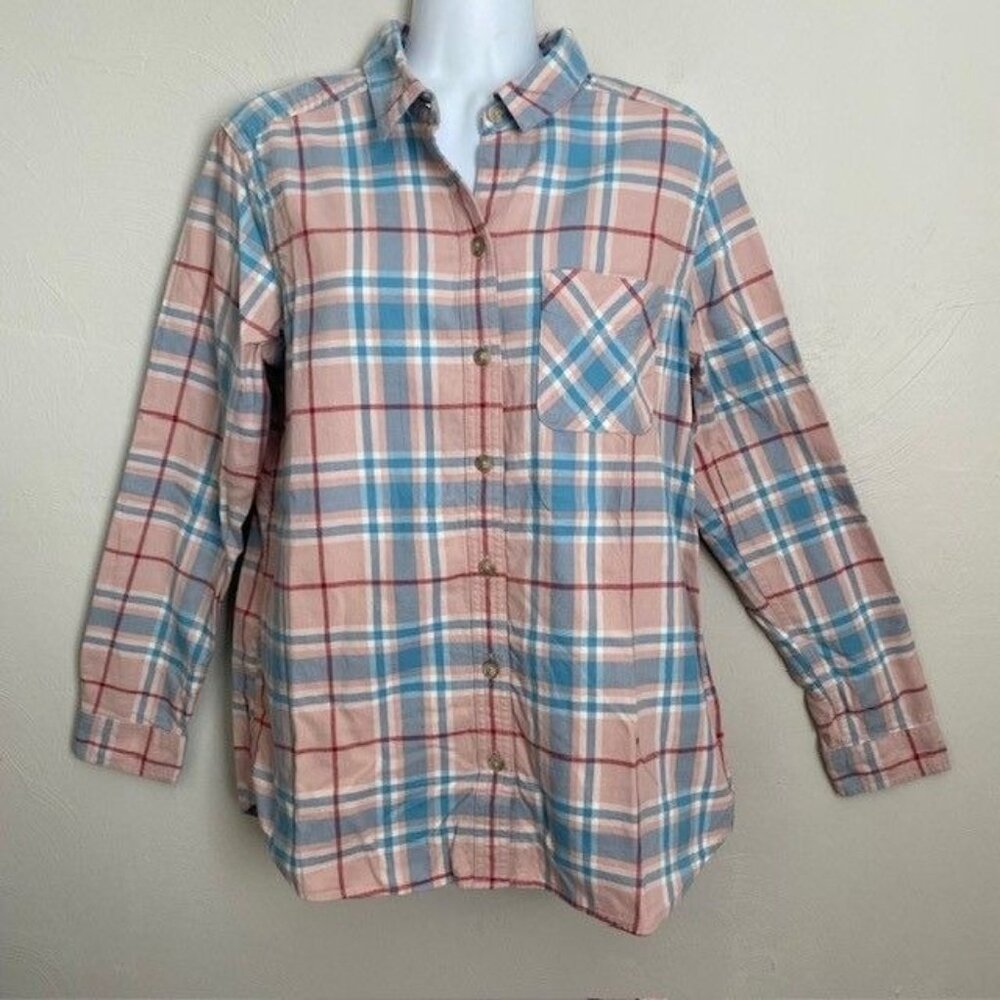 Eddie Bauer Pink Blue Plaid Button Up Flannel Shirt Sz M Cotton Outdoor Comfy